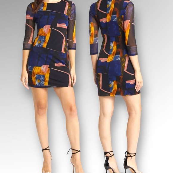 Open Edit Dresses & Skirts - Open Edit Geo Print Three Quarter Sleeve Mesh Minidress Size L